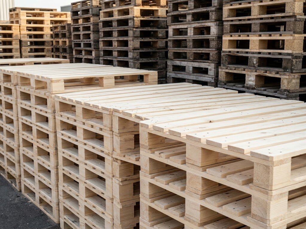 Palets europeos nuevos apilados junto a palets usados en las instalaciones de Alcopalet