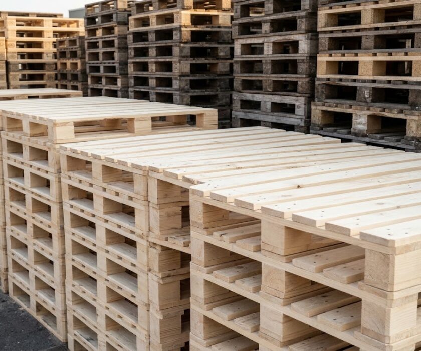 Palets europeos nuevos apilados junto a palets usados en las instalaciones de Alcopalet